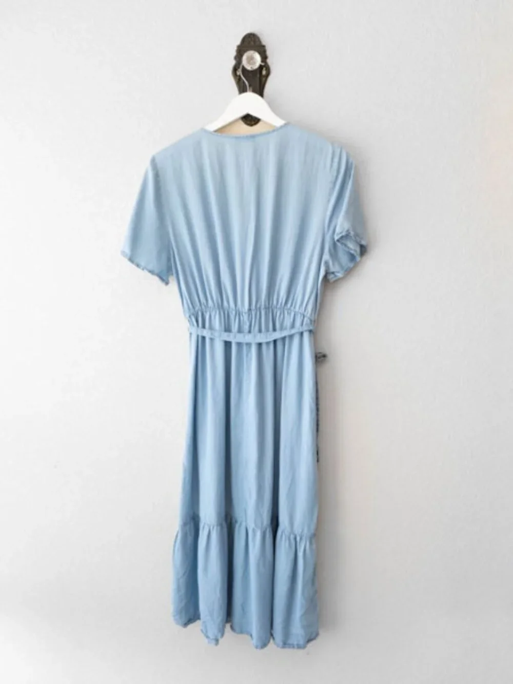Max Blue Lyocell Wrap Midi Dress Womens 10 Embroidered Tie Waist Cottagecore - Picture 10 of 14